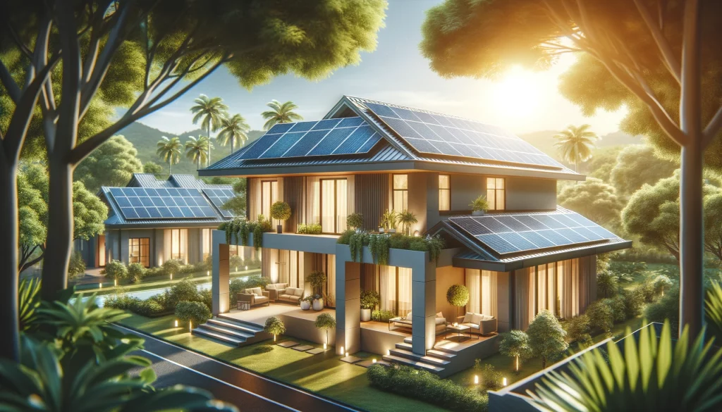 A modern home with solar panels on the roof, bathed in sunlight, surrounded by greenery.